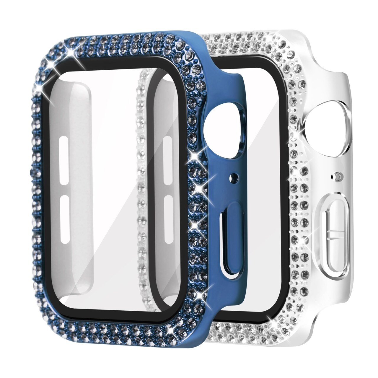 Insten 2 Pack Case Compatible with Apple Watch 44mm Series SE 6 5 4, Built in Tempered Glass Screen Protector, Double Line Diamond Bling Crystal Hard Cover, Full Protection, Clear and Blue